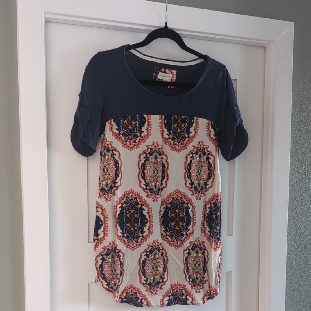 Meadow Rue Navy and Cream Patterned Blouse